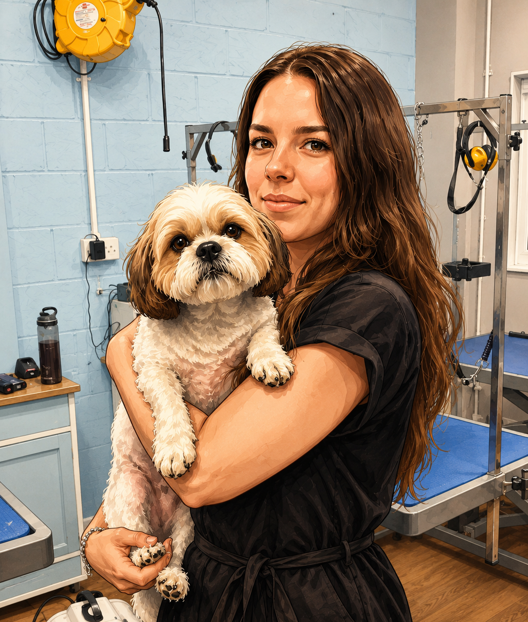 dog groomer photo holding a shih tzu